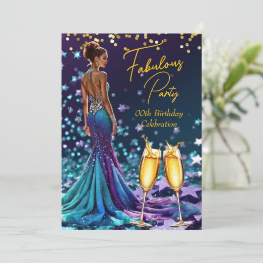 素晴らしい誕生日グリッターパープルティール（緑がかった色）シャンパン 招待状 (スタンド正面)