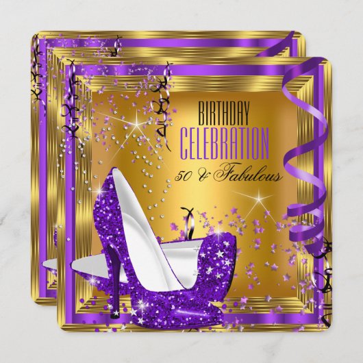 素晴らしい誕生日グリッターパープルハイヒール金ゴールド3 招待状 (正面/裏面)