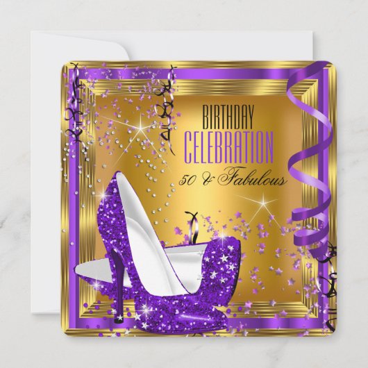 素晴らしい誕生日グリッターパープルハイヒール金ゴールド3 招待状 (正面)