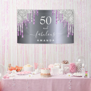 素晴らしい誕生日シルバーパープルグリッターガラス 横断幕