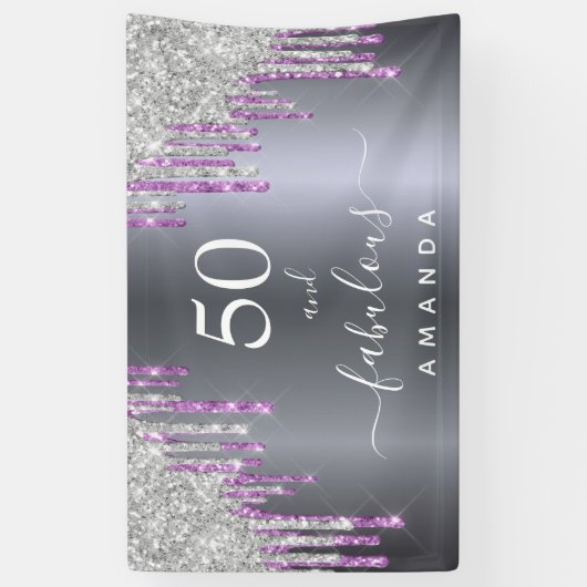 素晴らしい誕生日シルバーパープルグリッターガラス 横断幕 (縦)