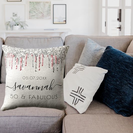 素晴らしい誕生日シルバーピンクのグリッタードリップス名 クッション