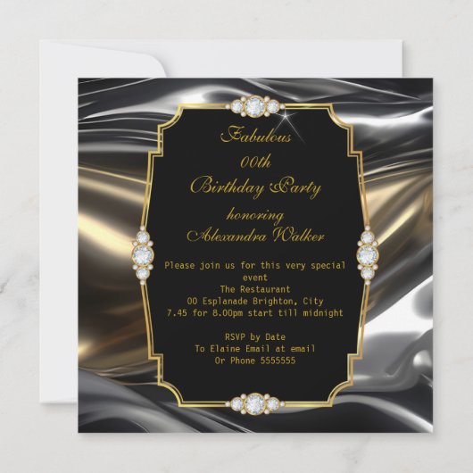素晴らしい誕生日ダイヤモンド金ゴールドブラックシルバー 招待状 (裏面)