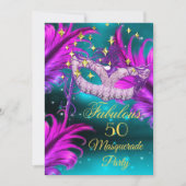 素晴らしい誕生日ティール（緑がかった色）パープルピンクマスカレードマスク 招待状 (正面)