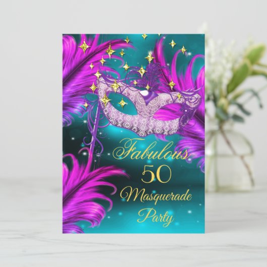 素晴らしい誕生日ティール(緑がかった色)パープルピンクマスカレードマスク 招待状 (スタンド正面)