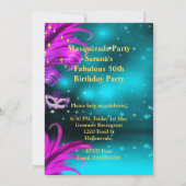 素晴らしい誕生日ティール（緑がかった色）パープルピンクマスカレードマスク 招待状 (裏面)