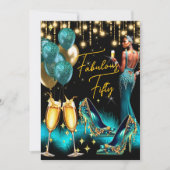 素晴らしい誕生日ティール（緑がかった色）ブルーシャンパンドレスエスニック 招待状 (正面)