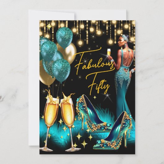 素晴らしい誕生日ティール（緑がかった色）ブルーシャンパンドレスエスニック 招待状 (正面)