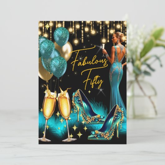 素晴らしい誕生日ティール（緑がかった色）ブルーシャンパンドレス 招待状 (スタンド正面)