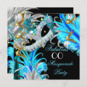 素晴らしい誕生日ティール(緑がかった色)ブルー金ゴールドマスカレードパーティー 招待状 (正面/裏面)