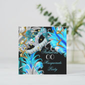 素晴らしい誕生日ティール(緑がかった色)ブルー金ゴールドマスカレードパーティー 招待状 (スタンド正面)