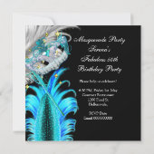 素晴らしい誕生日ティール(緑がかった色)ブルー金ゴールドマスカレードパーティー 招待状 (裏面)