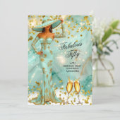 素晴らしい誕生日ティール（緑がかった色）ホワイト金ゴールドウーマンシャンパン 招待状 (スタンド正面)