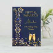 素晴らしい誕生日ネイビーブルー金ゴールドドレスシャンパン 招待状 (スタンド正面)