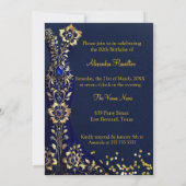 素晴らしい誕生日ネイビーブルー金ゴールドドレスシャンパン 招待状 (裏面)