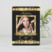 素晴らしい誕生日パーティパールブラック金ゴールド写真2 招待状 (スタンド正面)