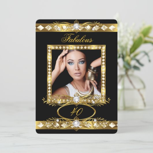 素晴らしい誕生日パーティパールブラック金ゴールド写真2 招待状 (スタンド正面)