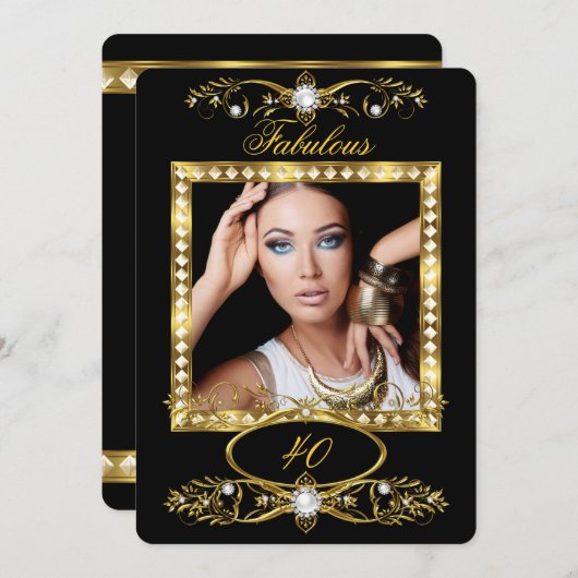 素晴らしい誕生日パーティパールブラック金ゴールド写真 招待状 (正面/裏面)