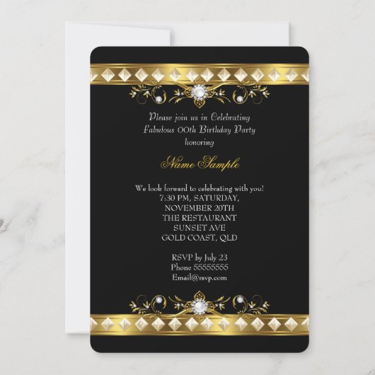 素晴らしい誕生日パーティパールブラック金ゴールド写真 招待状 (裏面)