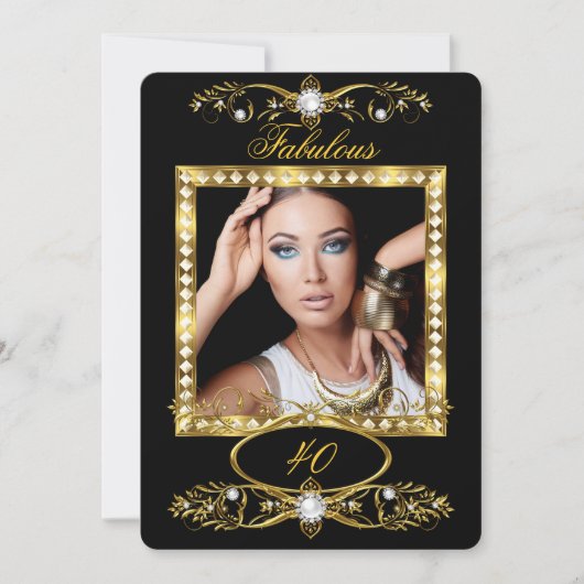 素晴らしい誕生日パーティパールブラック金ゴールド写真 招待状 (正面)