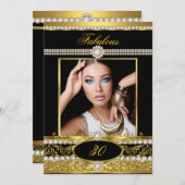 素晴らしい誕生日パーティブラック金ゴールドグラムフォト 招待状 (正面/裏面)