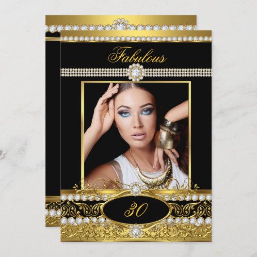 素晴らしい誕生日パーティブラック金ゴールドグラムフォト 招待状 (正面/裏面)