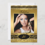 素晴らしい誕生日パーティブラック金ゴールドフローラ写真2 招待状 (正面)
