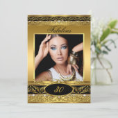 素晴らしい誕生日パーティブラック金ゴールドフローラ写真2 招待状 (スタンド正面)