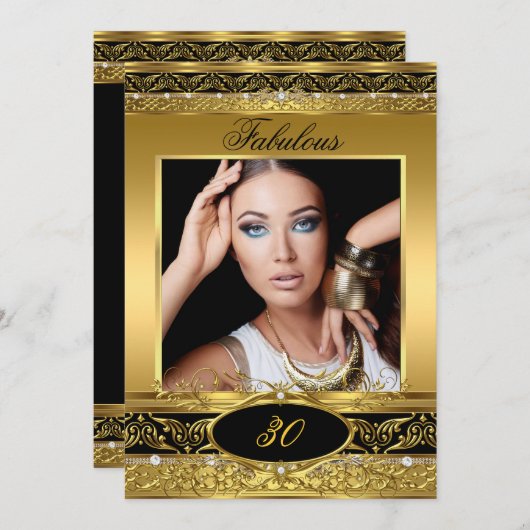 素晴らしい誕生日パーティブラック金ゴールドフローラ写真2 招待状 (正面/裏面)