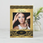 素晴らしい誕生日パーティブラック金ゴールドフローラ写真3 招待状 (スタンド正面)