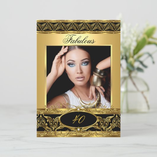 素晴らしい誕生日パーティブラック金ゴールドフローラ写真3 招待状 (スタンド正面)