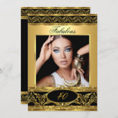 素晴らしい誕生日パーティブラック金ゴールドフローラ写真3 招待状 (正面/裏面)