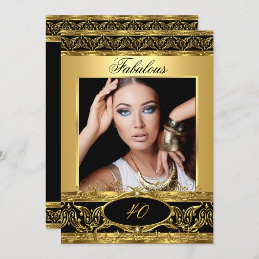 素晴らしい誕生日パーティブラック金ゴールドフローラ写真3 招待状 (正面/裏面)