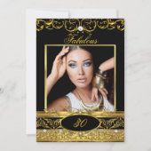 素晴らしい誕生日パーティブラック金ゴールドフローラ写真 招待状 (正面)
