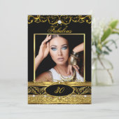 素晴らしい誕生日パーティブラック金ゴールドフローラ写真 招待状 (スタンド正面)