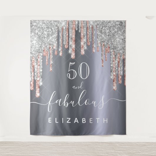 素晴らしい誕生日パーティーのグリッター シルバー ローズゴールド タペストリー (正面)