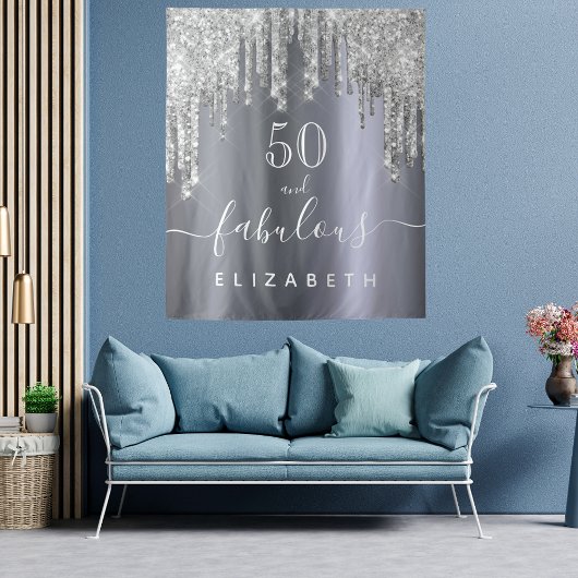 素晴らしい誕生日パーティーグリッターシルバースパークル タペストリー