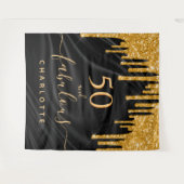 素晴らしい誕生日パーティーグリッターブラック金ゴールドサテン タペストリー (正面(横))