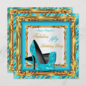 素晴らしい誕生日パーティーティール（緑がかった色）ブルー金ゴールドハイヒール 招待状 (正面/裏面)