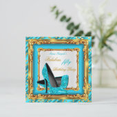 素晴らしい誕生日パーティーティール(緑がかった色)ブルー金ゴールドハイヒール 招待状 (スタンド正面)