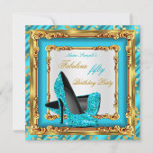 素晴らしい誕生日パーティーティール(緑がかった色)ブルー金ゴールドハイヒール 招待状 (正面)