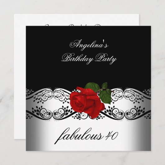 素晴らしい誕生日パーティーバラレッド白黒 招待状 (正面/裏面)