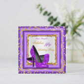 素晴らしい誕生日パーティーパープル金ゴールドハイヒール 招待状 (スタンド正面)