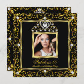 素晴らしい誕生日パーティーブラック金ゴールドティアラ 招待状 (正面/裏面)