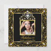 素晴らしい誕生日パーティーブラック金ゴールドティアラ 招待状 (正面)