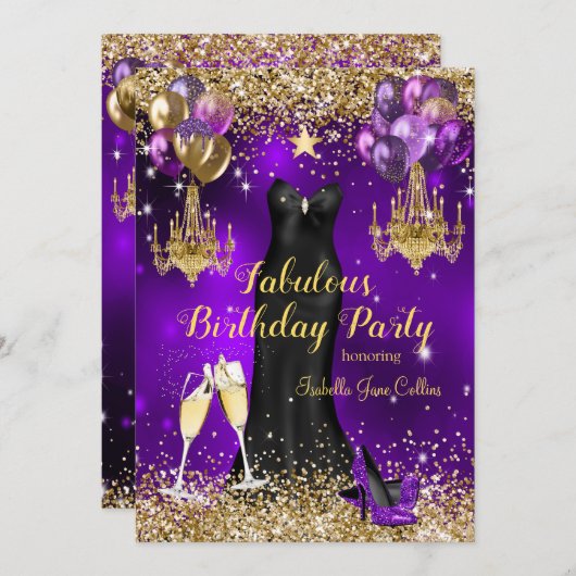 素晴らしい誕生日パープルお祝いスター 招待状 (正面/裏面)