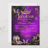 素晴らしい誕生日パープル金ゴールドブラックバタフライ 招待状 (正面)