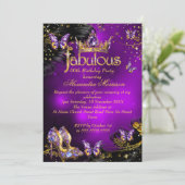 素晴らしい誕生日パープル金ゴールドブラックバタフライ 招待状 (スタンド正面)