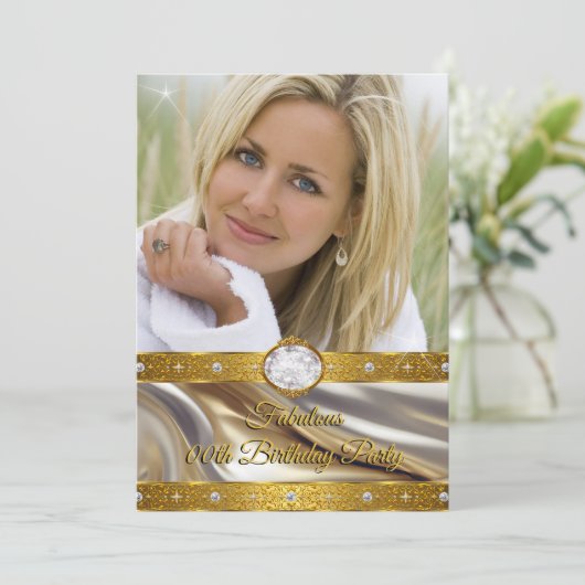素晴らしい誕生日フォトダイヤモンド金ゴールドシルバー 招待状 (スタンド正面)