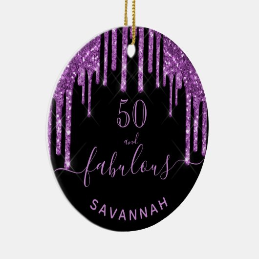 素晴らしい誕生日ブラックパープルグリッタースパークル50 セラミックオーナメント (右)